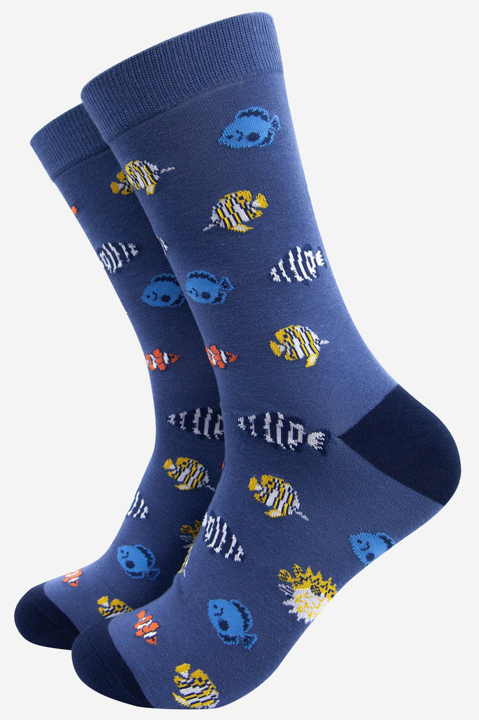 blue bamboo dress socks with an all over pattern of multicoloured tropical fish