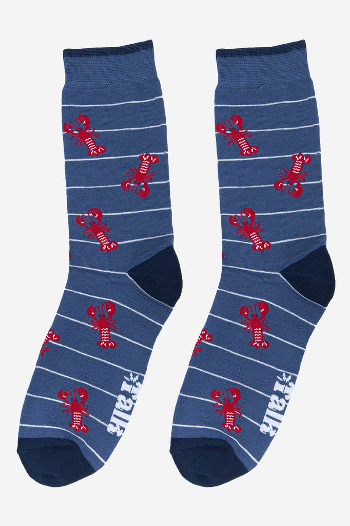 mens blue bamboo socks with an all over red lobster print