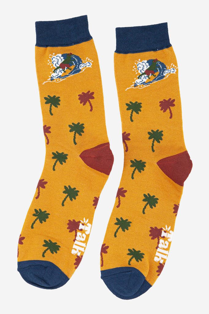 mens yellow dinosaur surfing novelty socks