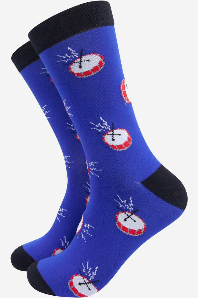 blue and black mens bamboo socks featuring an all over pattern of musical drums