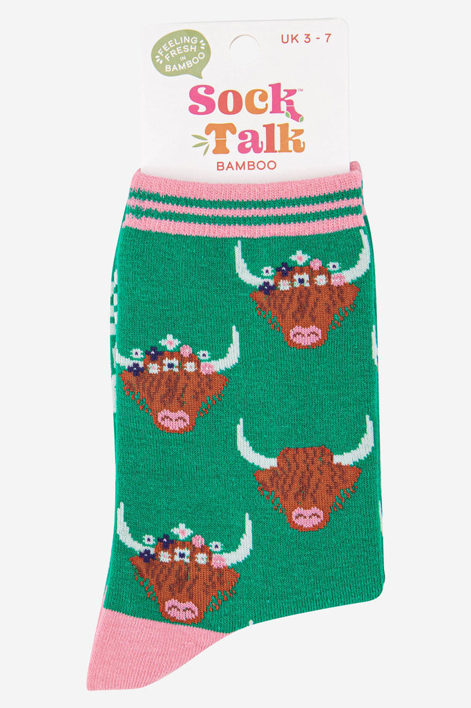 womens highland cow bamboo socks in green and pink uk size 3-7