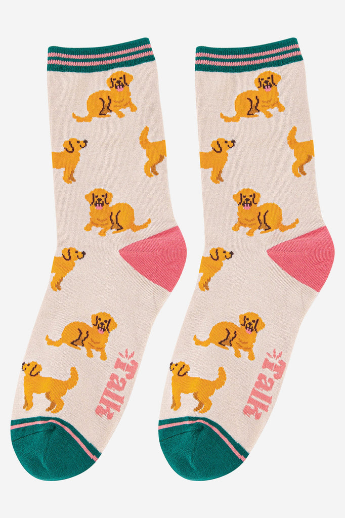 golden retriever pattern ankle socks with a green and pink striped cuff