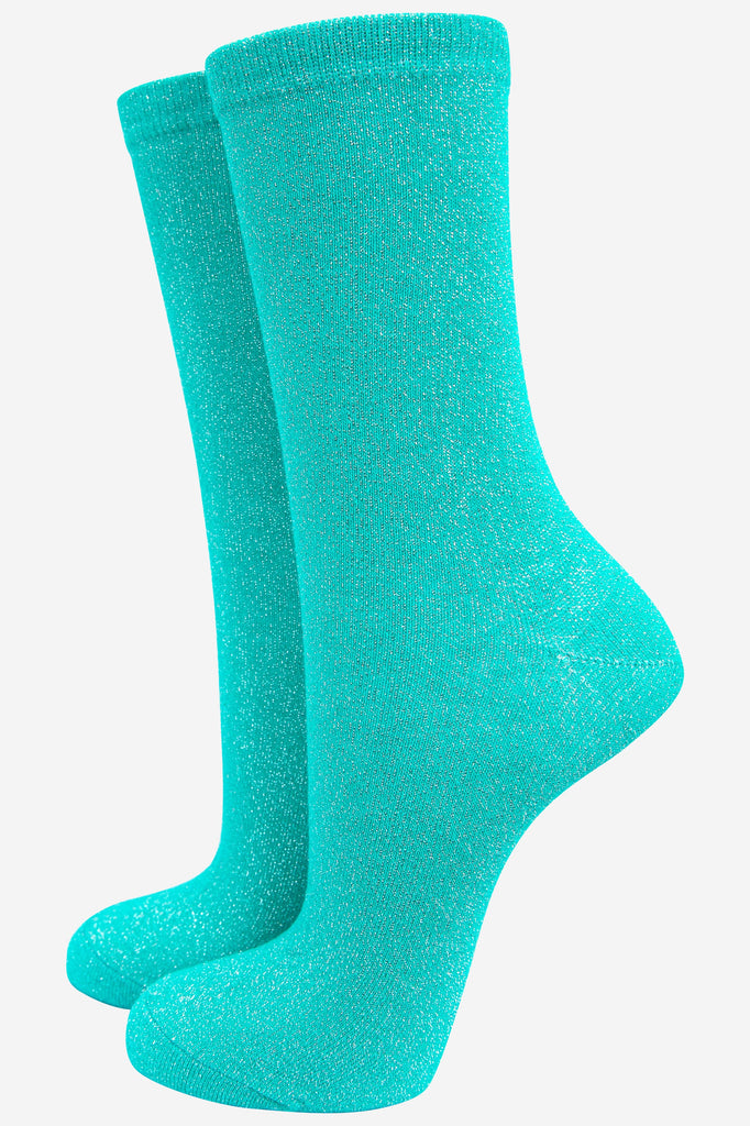 turquoise ankle socks with an all over sparkly glitter shimmer