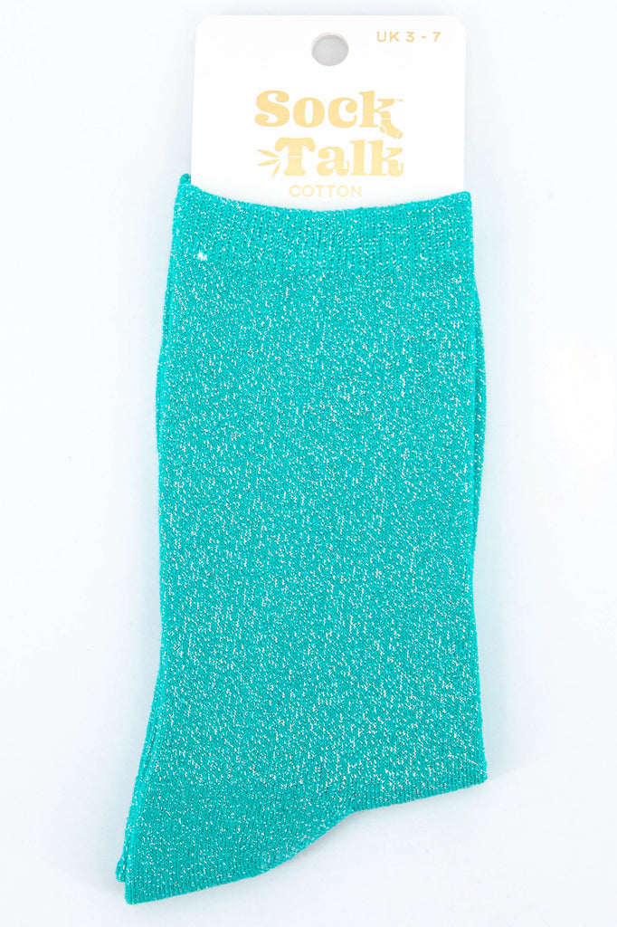 womens glitter socks in turquoise with an all over sparkle, uk size 3-7