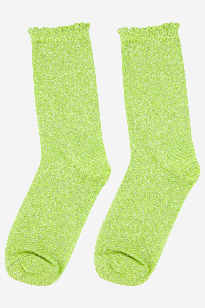 lime green sparkly glitter socks with scalloped cuffs and an all over shimmer