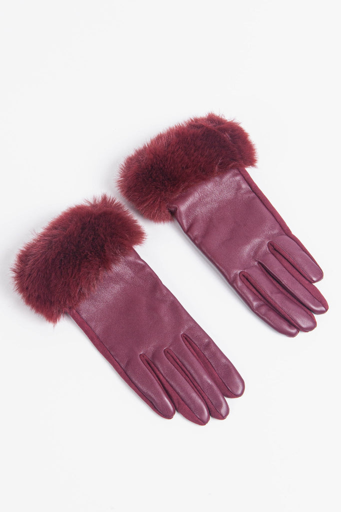 faux leather winter gloves with faux fur trim