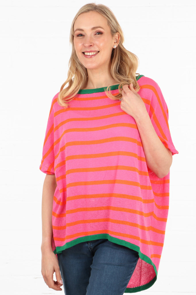 short sleeve pink and orange striped cotton jumper with a dip hem