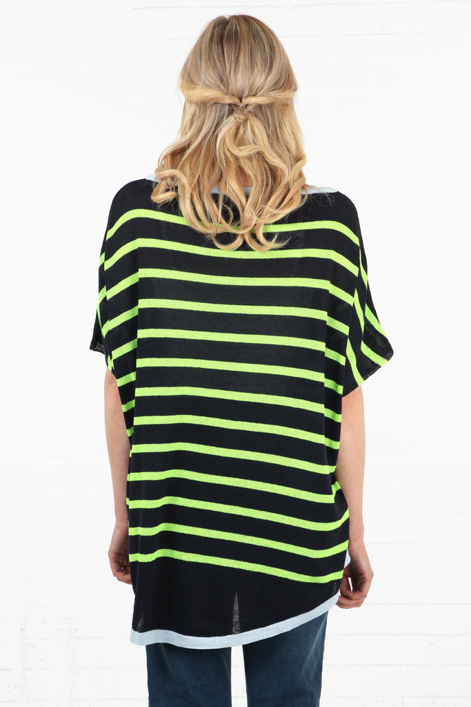 model showing the back of the striped jumper, showing the long hem at the back and the all over striped pattern
