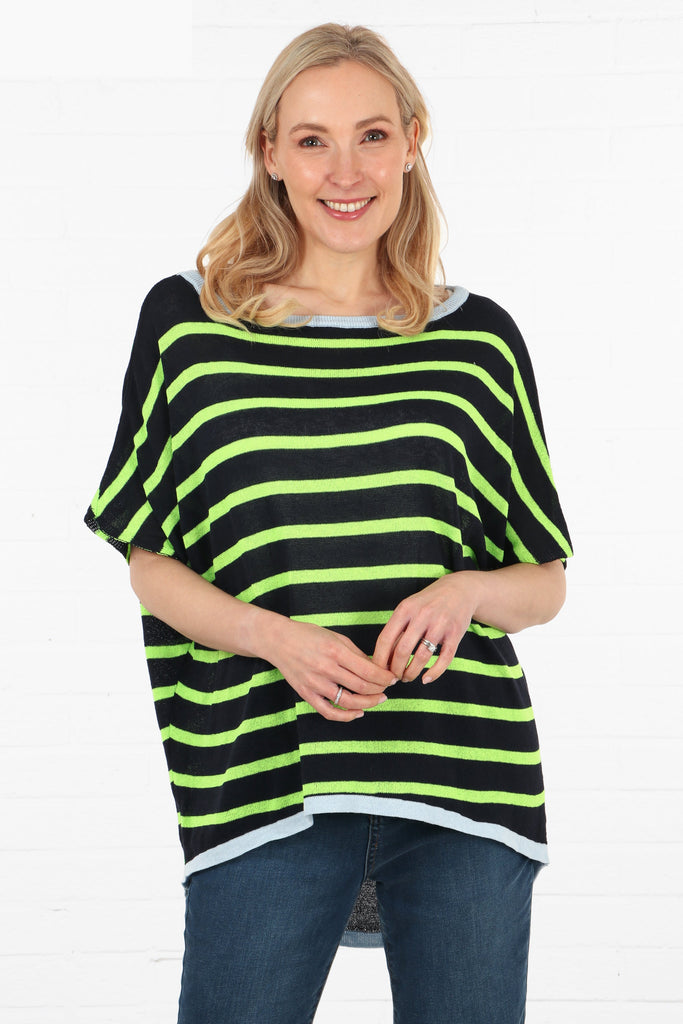navy blue, lime and light blue striped short sleeve cotton loose fitting jumper