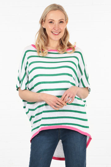 model wearing a white and green striped short sleeve batwing jumper with a contrasting pink hem and neck trim
