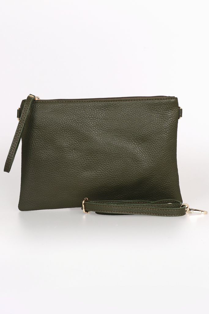 khaki green italian leather wristlet clutch bag