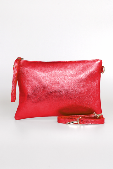 metallic scarlet red shimmery wristlet clutch bag made from genuine Italian leather