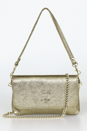 gold leather mini crossbody bag with a gold chain strap and an embossed sarta logo on the front