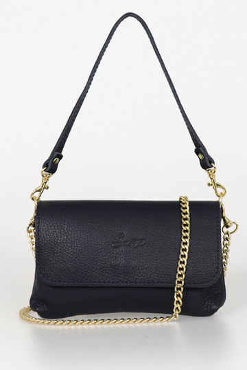navy blue mini handbag with a detachable gold chain cross body strap