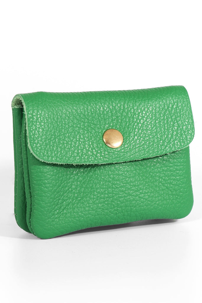 small green leather coin purse with snap closure button on the outside and internal zip pocket
