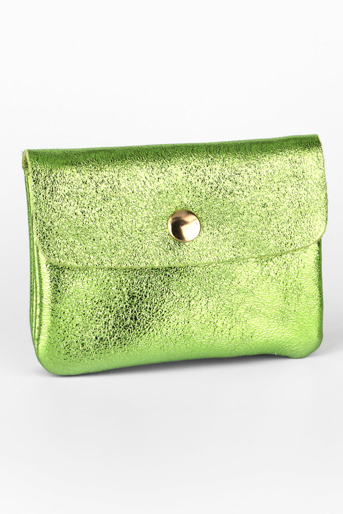 metallic lime green leather coin purse with snap closure