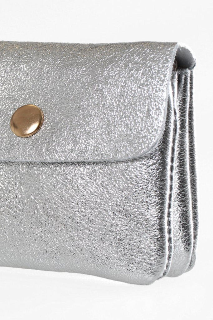 close up of the metallic silver leather