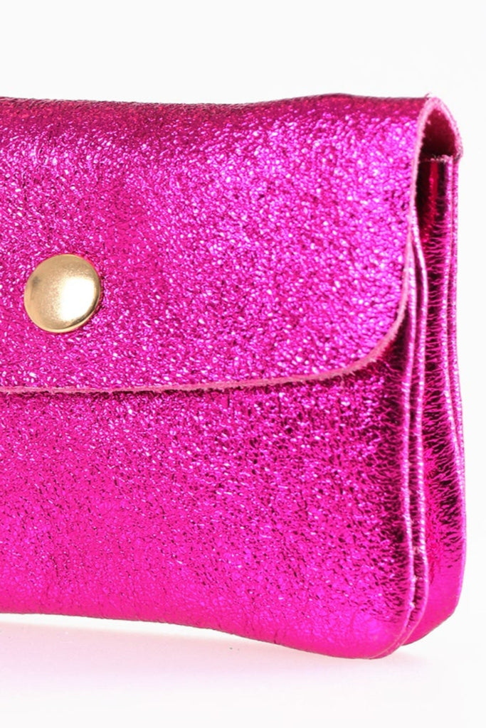 close up of the metallic pink leather