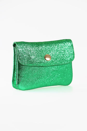 small metallic green coin purse with a fold over snap closure and inner zip