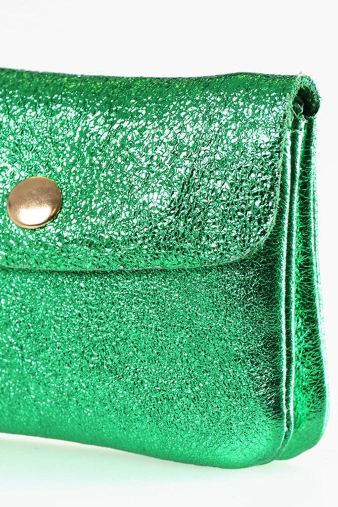 close up of the metallic green leather