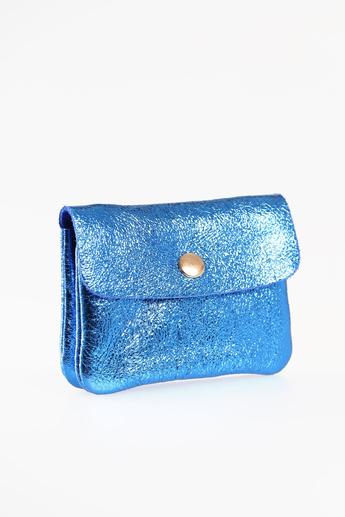 small metallic blue coin purse with a fold over snap closure and inner zip