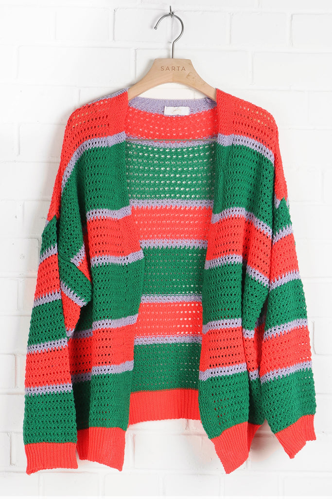 green, orange and lilac stripes open knit long sleeve summer cardigan