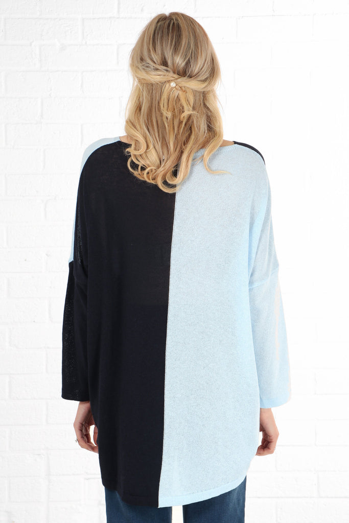 model showing the back of the jumper, highlighting the two tone design of navy blue and light baby blue