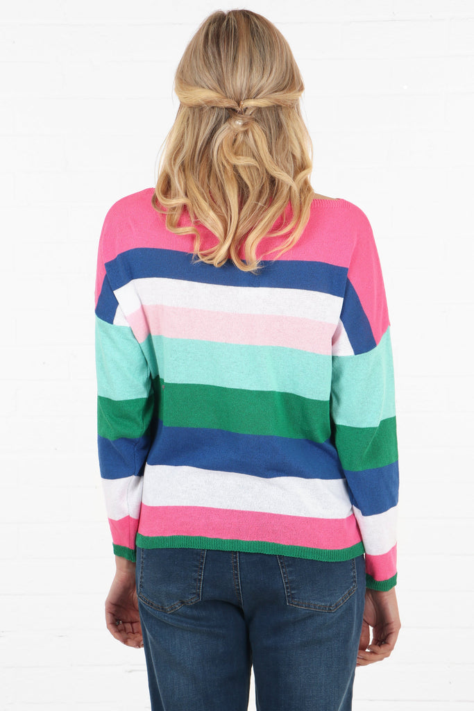 model showing the back of the long sleeve knit jumper, showing that the back has the rainbow striped pattern