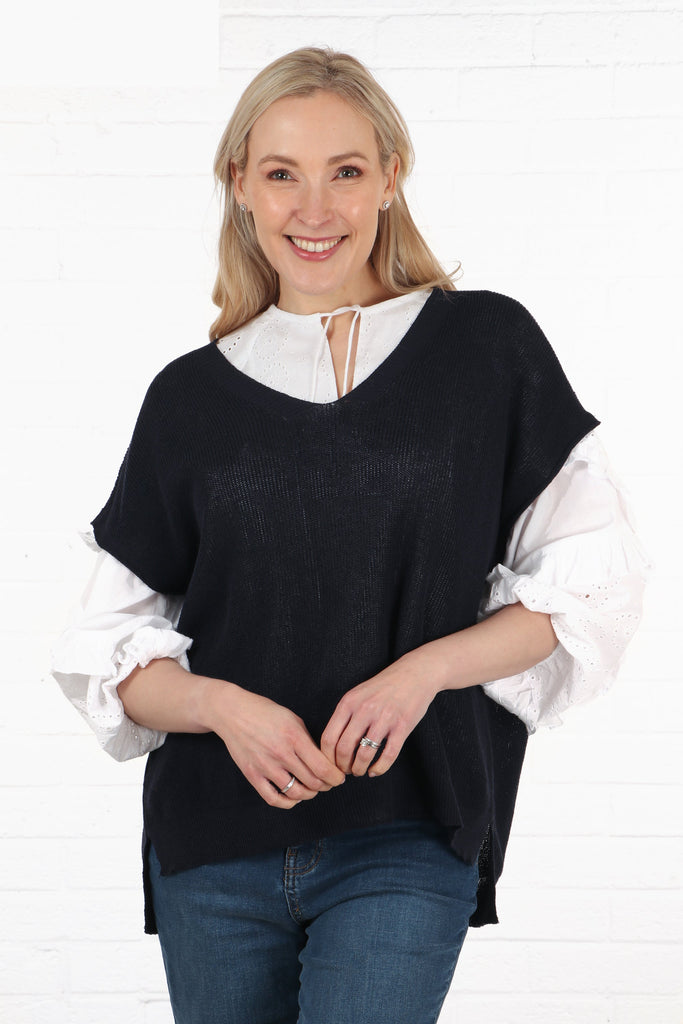 model wearing a fine knit v neck tank top vest in navy blue