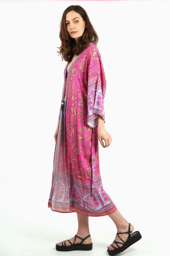 midi length hot pink kimono with 3/4 sleeves and waist tie belt