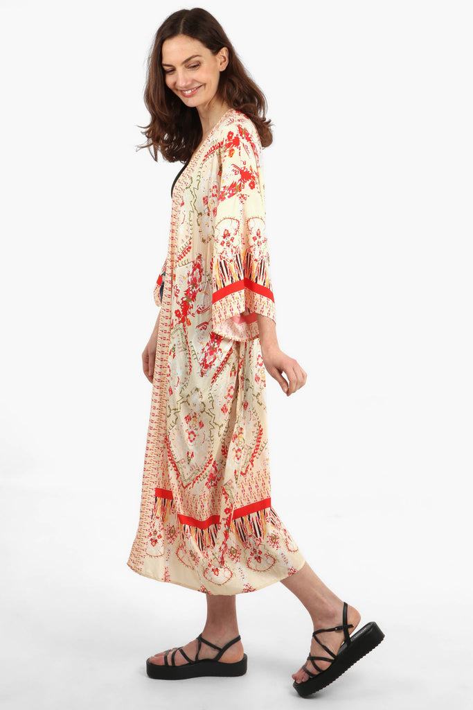 model showing the side view of the pink mandala print kimono, showing the 3/4 sleeves and midi length