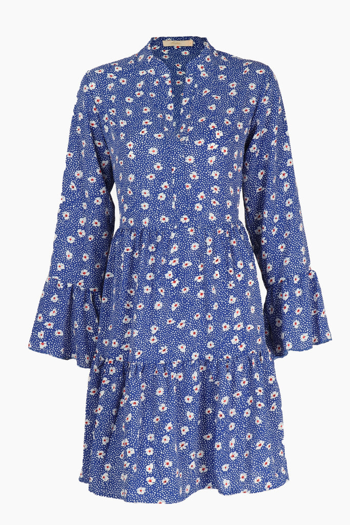 blue daisy floral mini dress with tiered hem and fluted sleeves