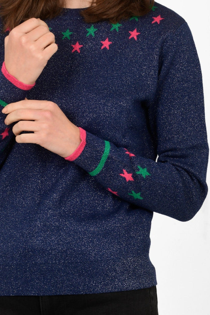 close up of the star print pattern around the cuffs and neckline