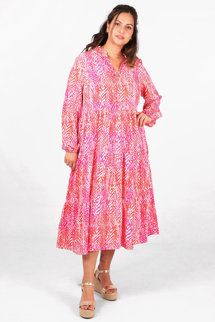 pink painted chevron pattern tiered midi dress with grandad collar