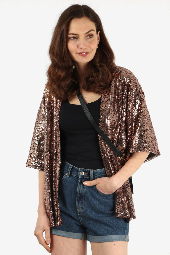 sparkly sequinned metallic bronze open front evening jacket 
