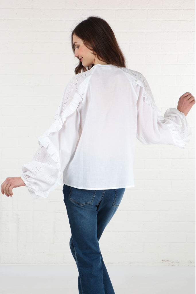 model showing the back of the white cotton blouse, showing a plain white back 