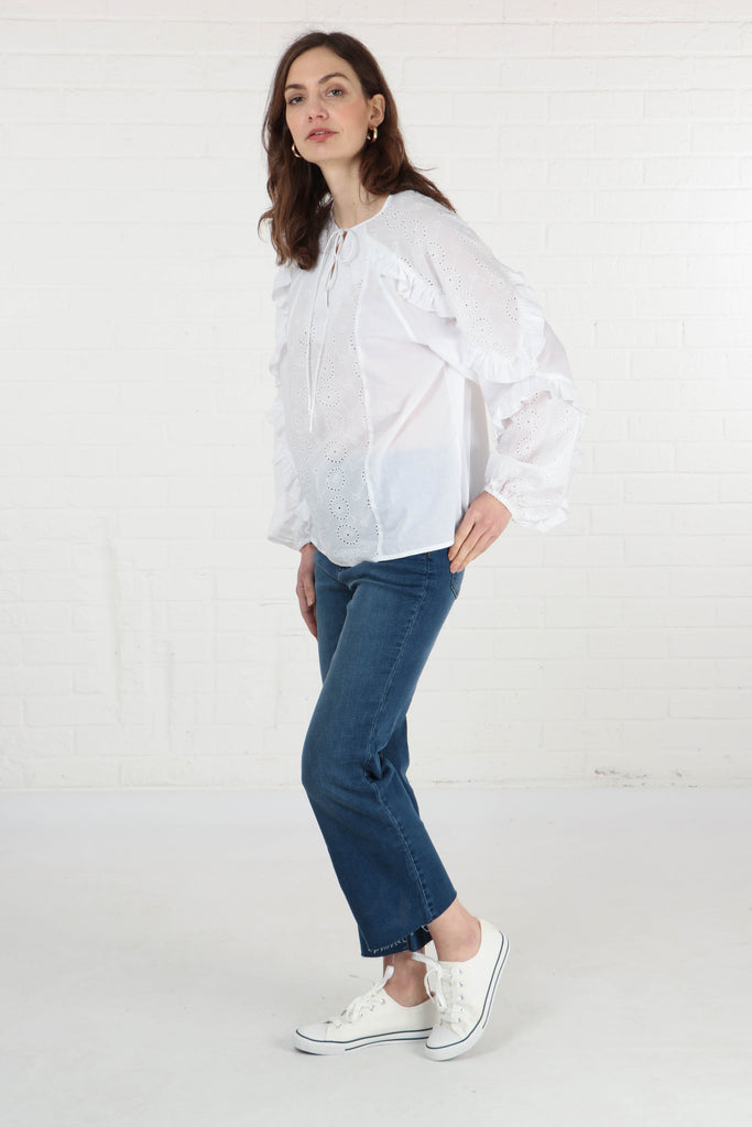 long sleeve cotton summer shirt in white with broderie anglais details