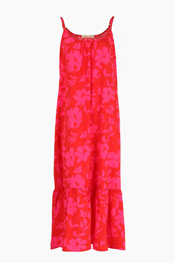 red and pink tropical floral print slip dress with spaghetti straps