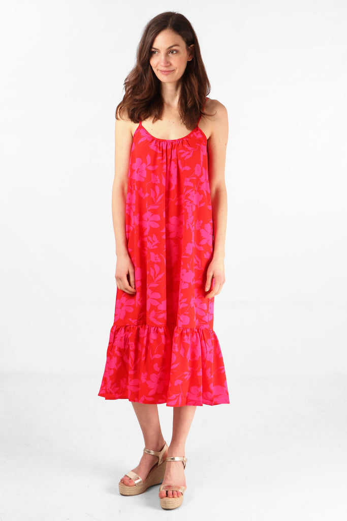 red floral strappy slip dress with tiered hem