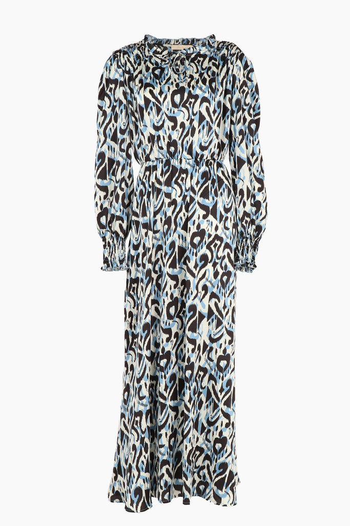 blue abstact ikat patten long sleeve summer dress with shirring at the shoulders