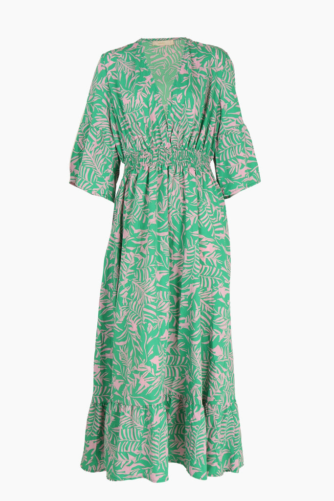 green and pink tropical leaf print maxi dress with v neck