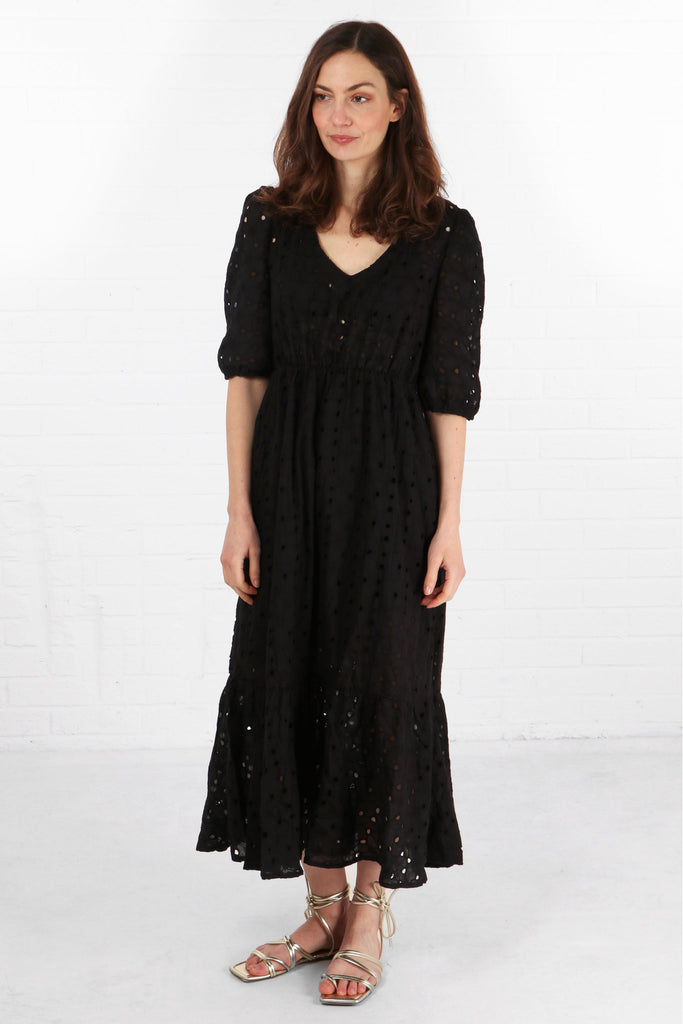 black broderie anglaise cotton midaxi dress with a v neck and short puff sleeves