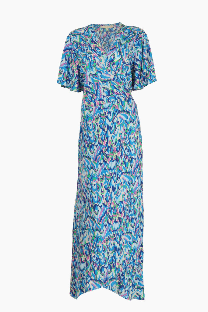 blue and pink mulitcoloured abstract print short sleeve wrap dress