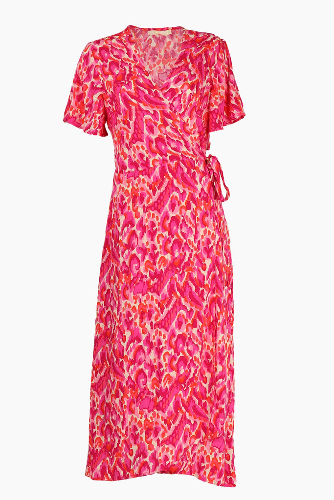 pink abstract print midi wrap dress with short sleeves and a v-neck