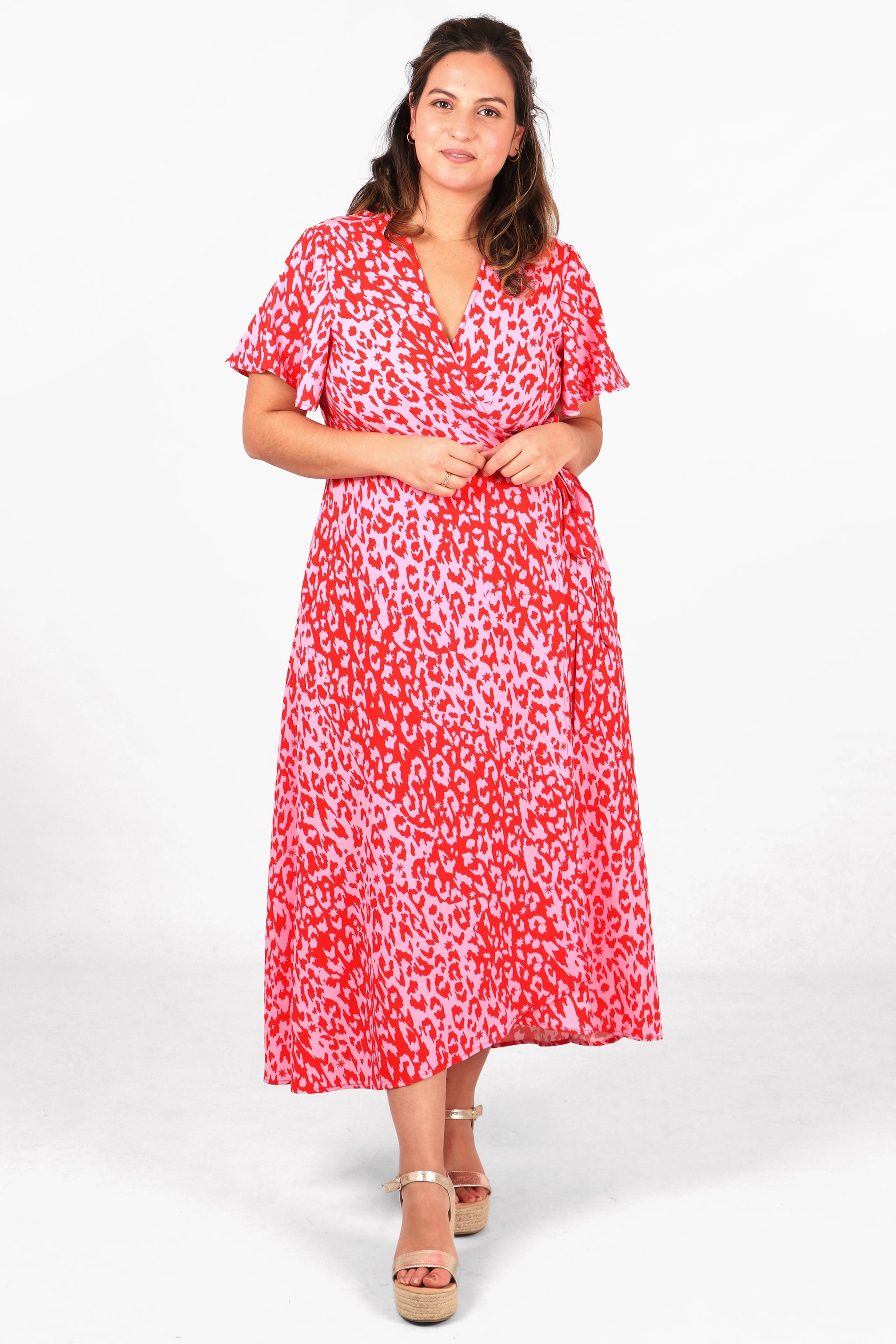 sartaandco – Sarta Pink Leopard Print Maxi Wrap Dress Angel Sleeve Dresses  Womens