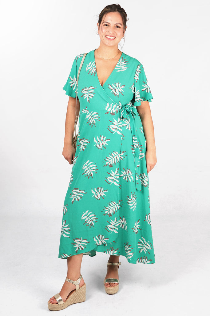 green palm leaf print midaxi length wrap dress