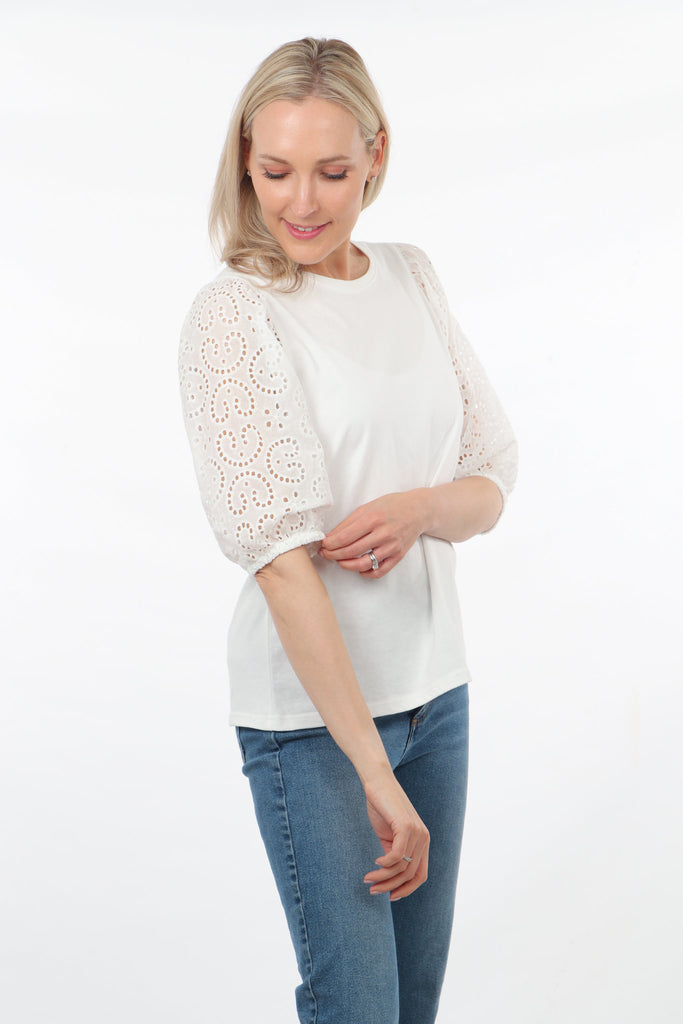 model showing the broderie anglaise sleeves have elasticated cuffs