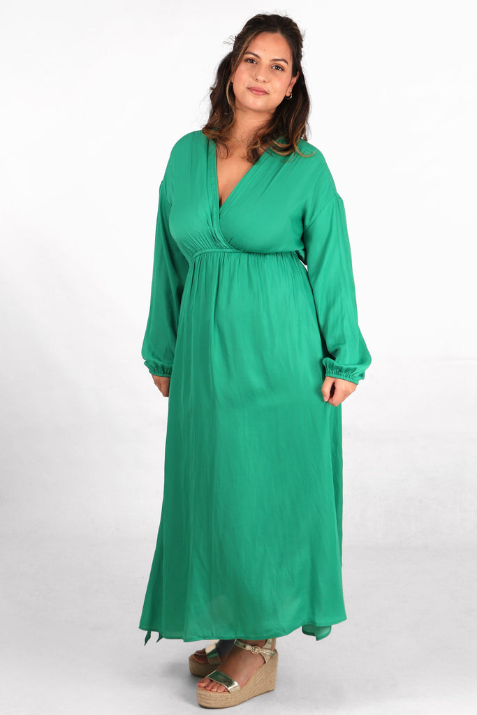 maxi length plain green faux wrap dress with long sleeves, elasticated waist and v neck