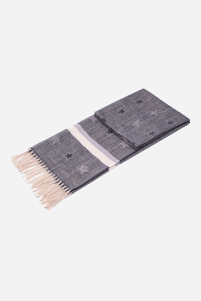 grey star scarf laying flat showing the star pattern and grey and white stripes