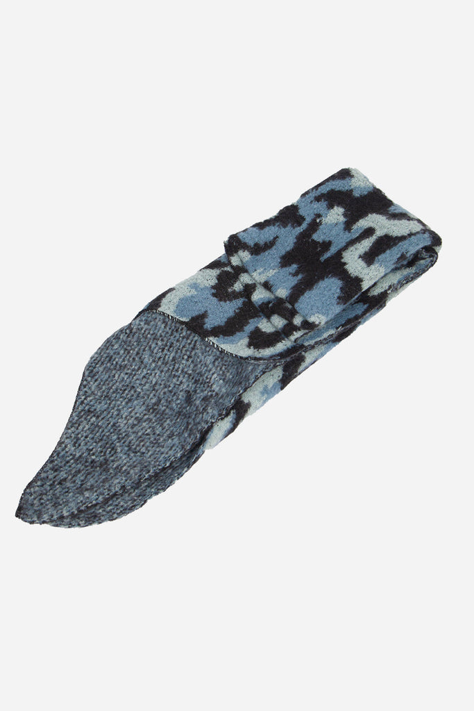 laying flat and folded blue camouflage winter scarf